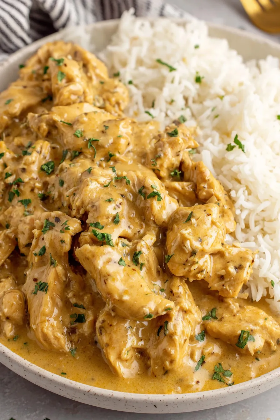 Serving of chicken and gravy over rice