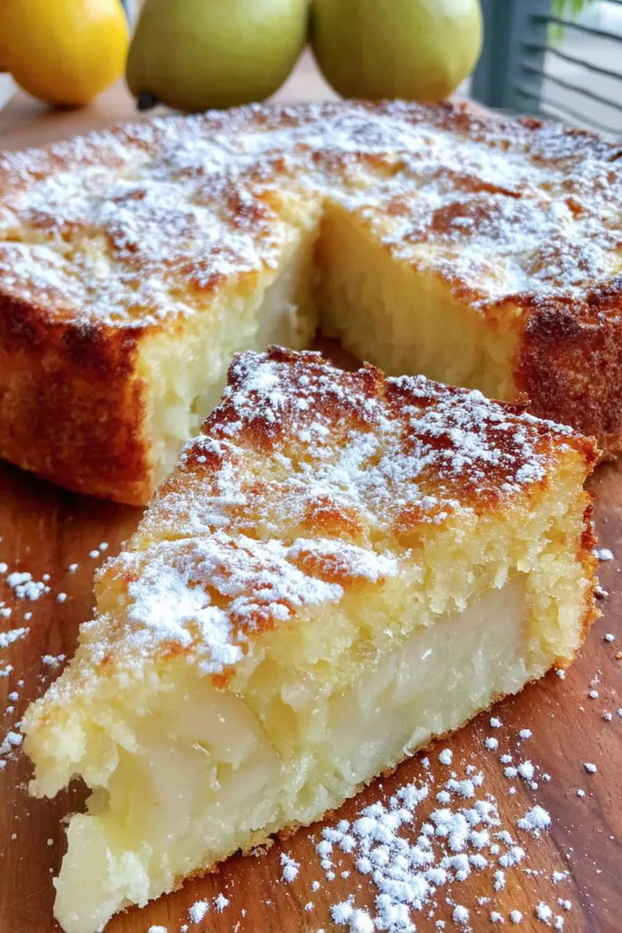 Sliced pear ricotta cake on plate