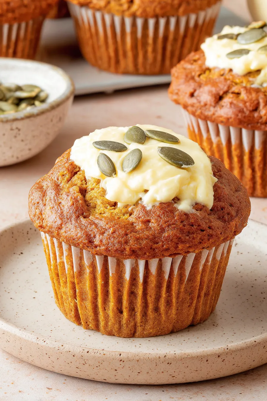 Freshly baked pumpkin muffins with cream cheese centers