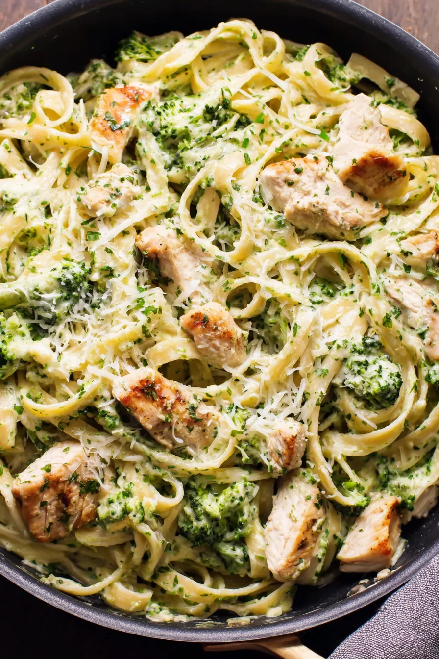 Cooked Chicken Broccoli Alfredo in skillet