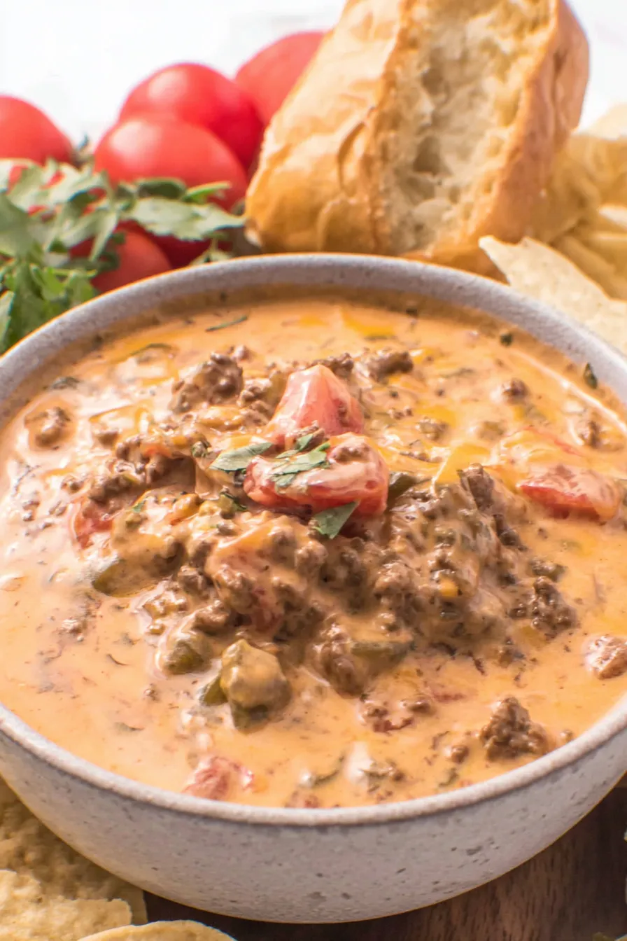 Close-up of queso dip with diced tomatoes and chiles