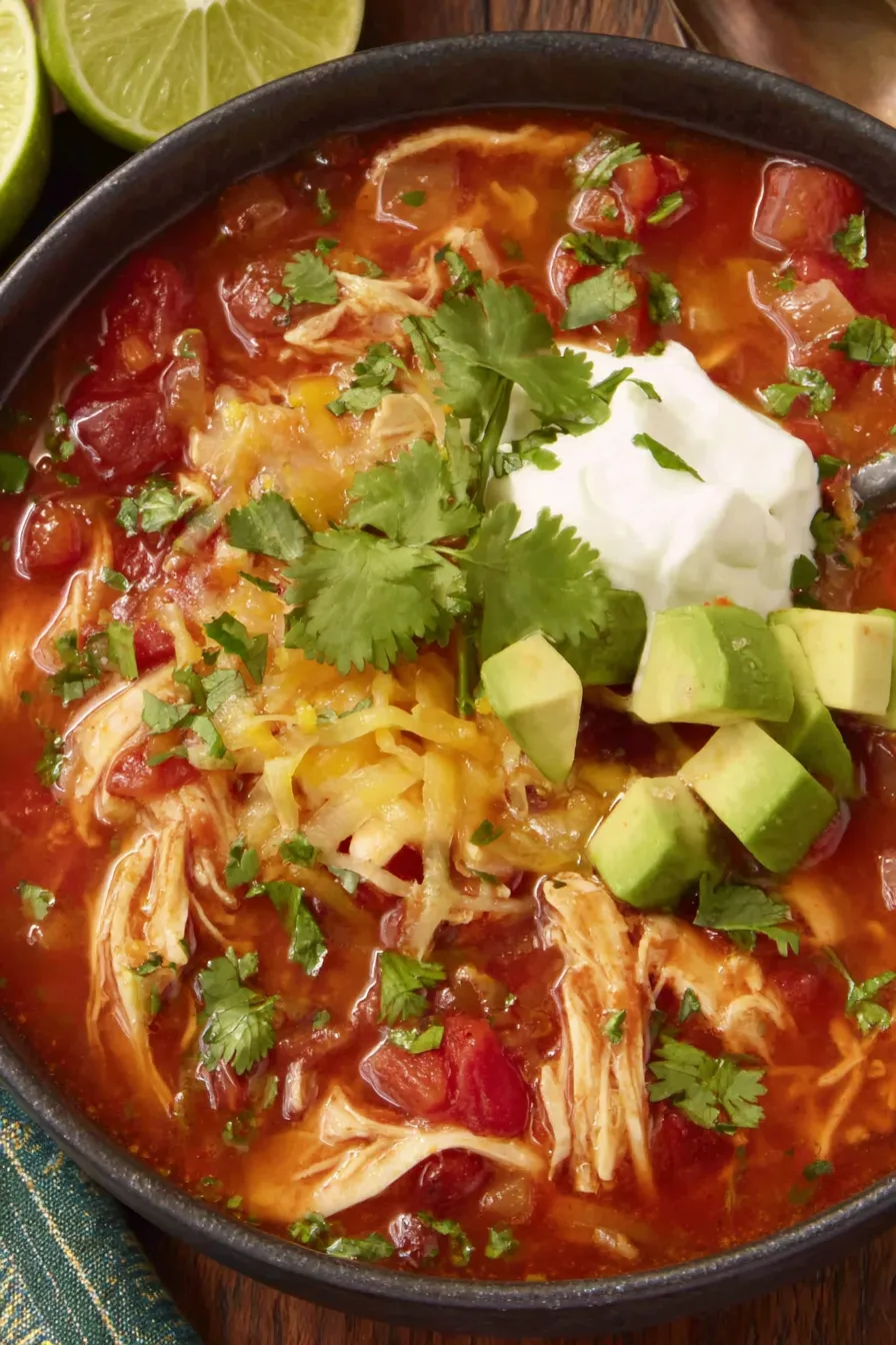 Slow cooker pot with chicken tortilla soup inside slow cooker