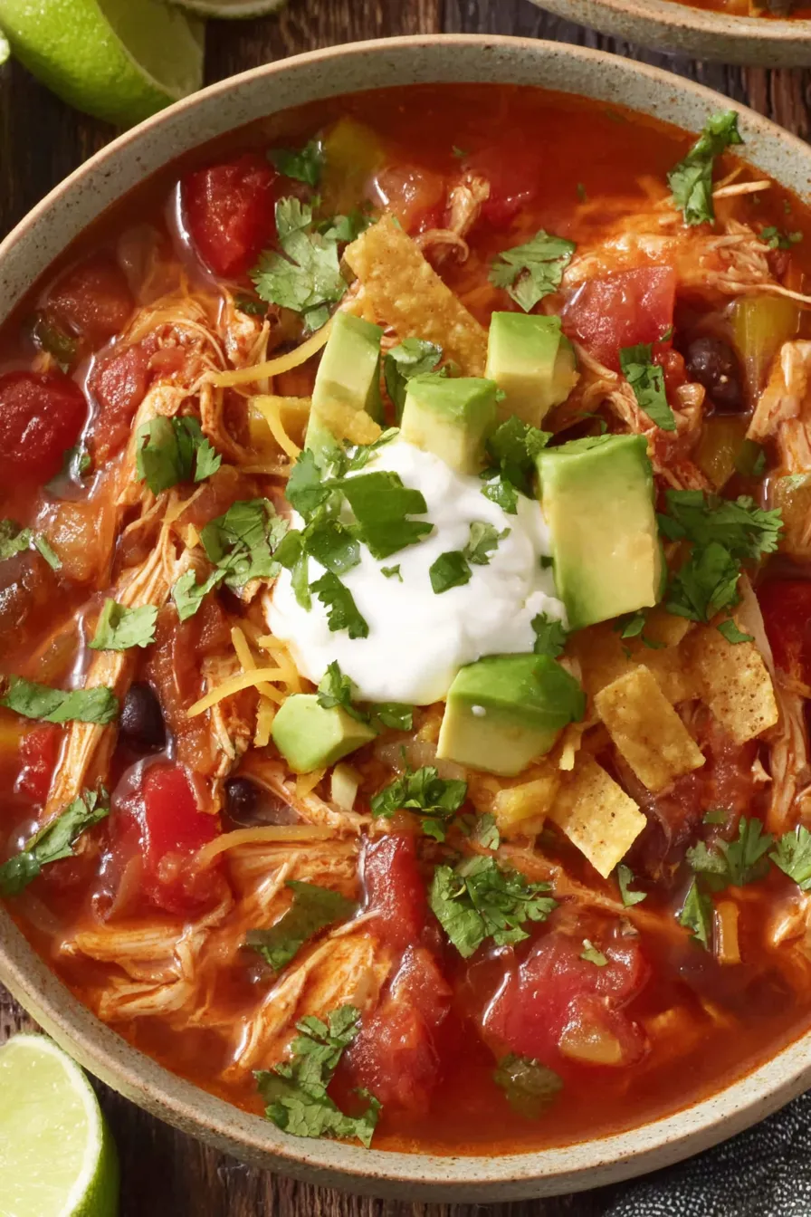 Bowl of chicken tortilla soup with avocado and cilantro garnish