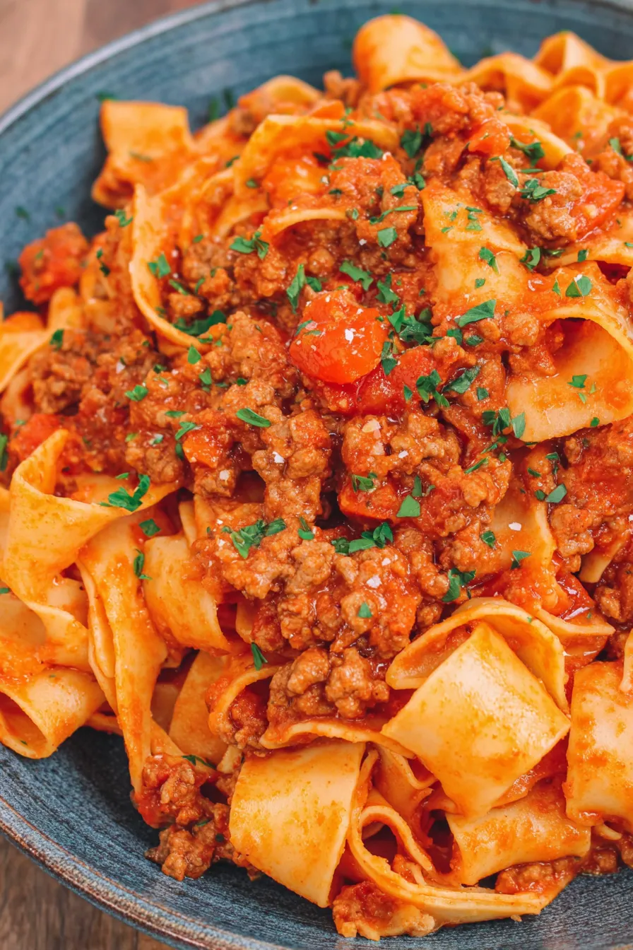 Pasta tossed with Bolognese and Parmesan