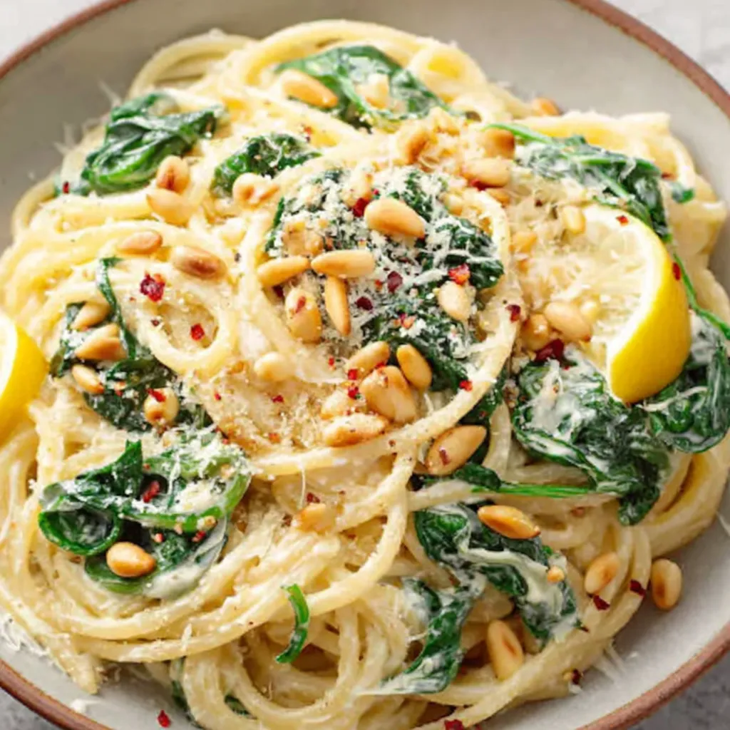 Creamy Lemon Ricotta Pasta with Spinach and Toasted Pine Nuts