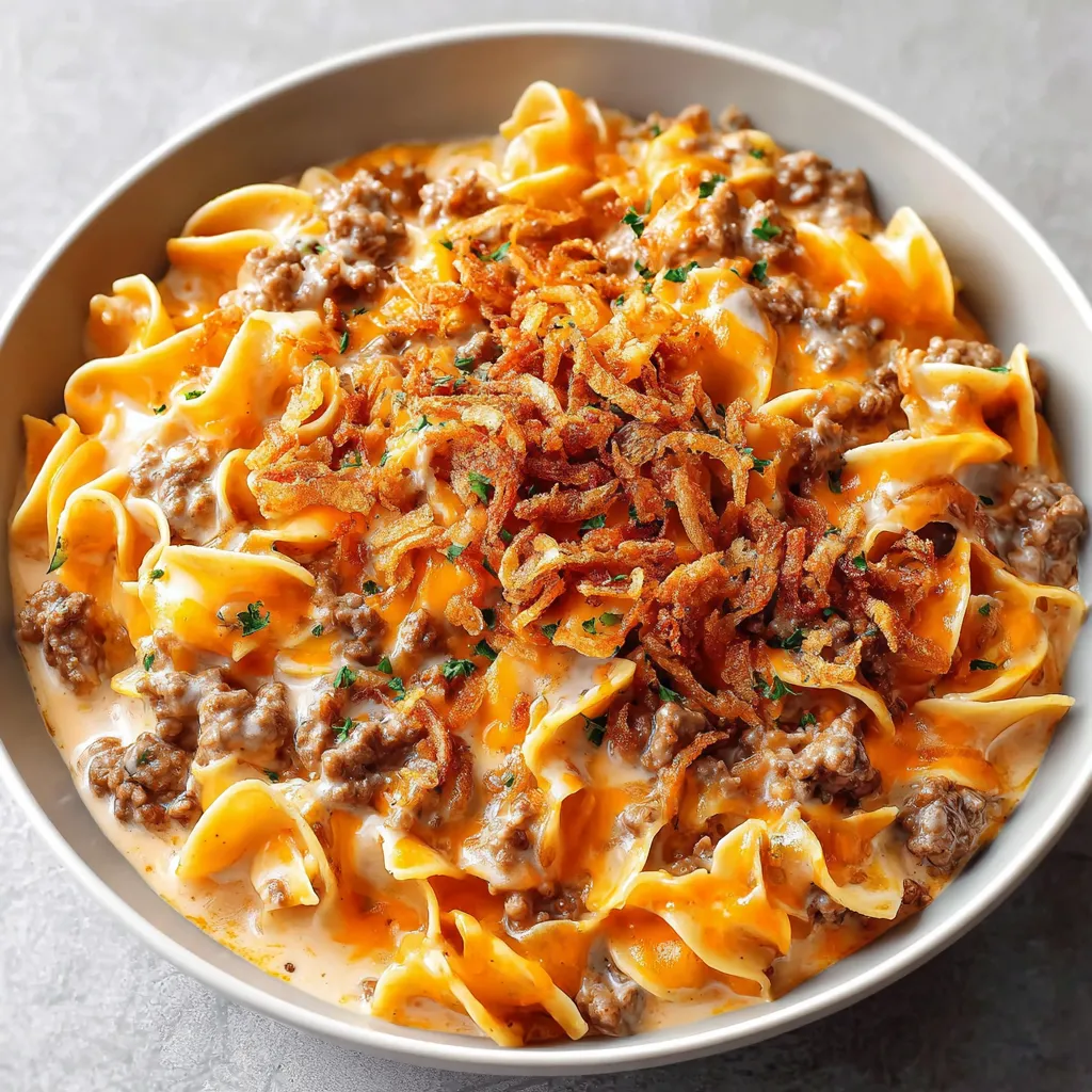 Cheesy Beef and Noodle Casserole with Crispy French Onions