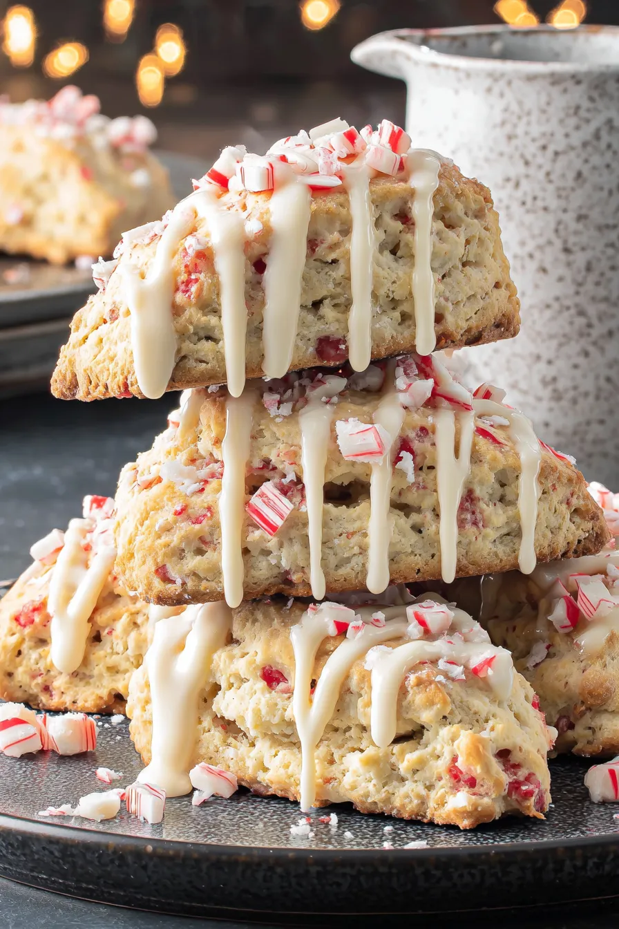 Tray of white chocolate peppermint scones cooling on a baking sheet