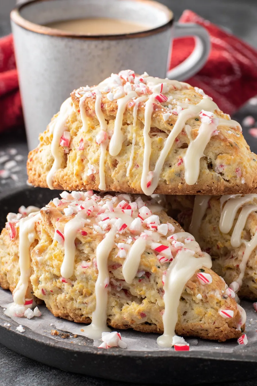 Close-up of a scone showing white chocolate and peppermint pieces
