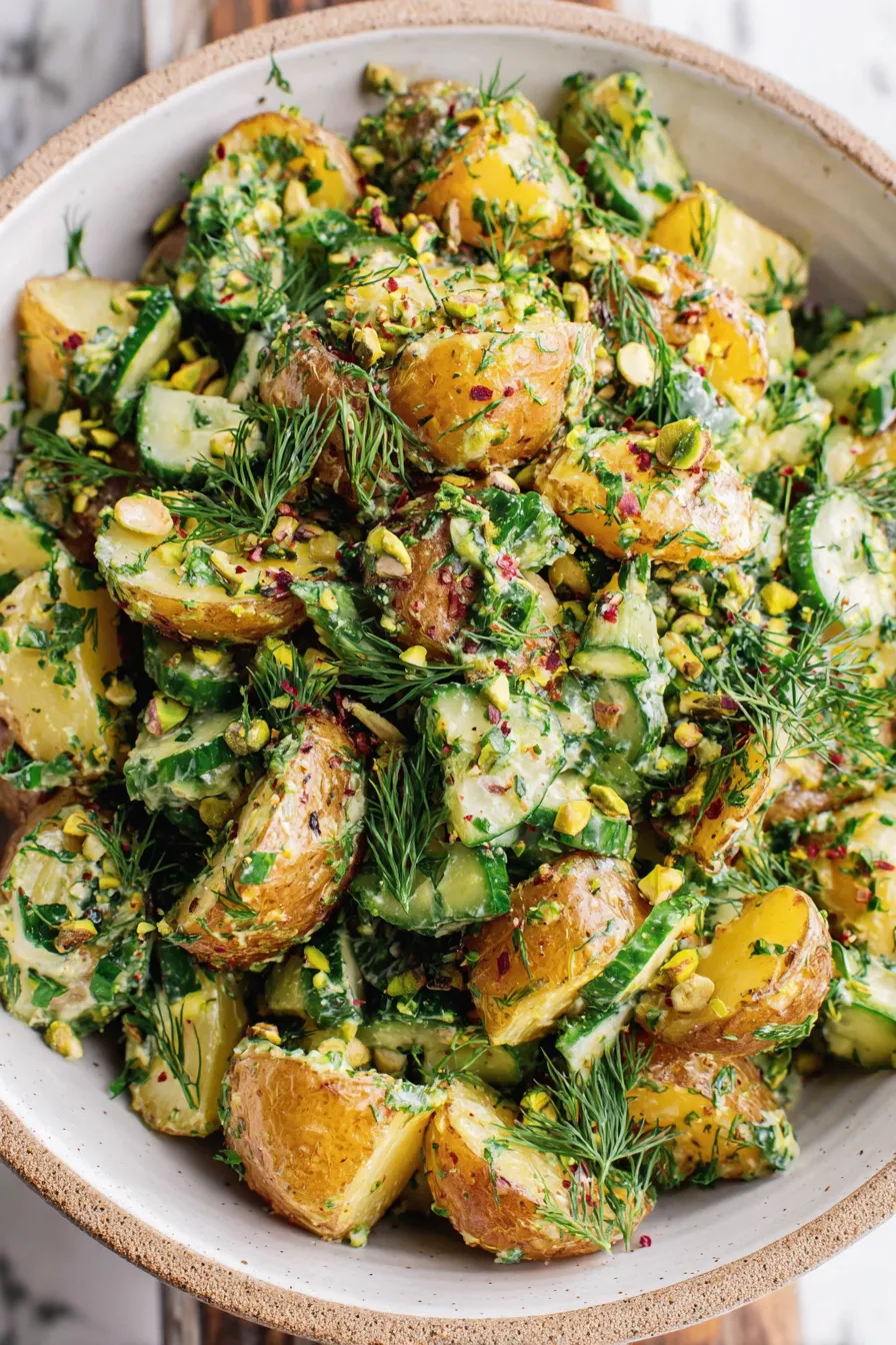 Roasted potato salad tossed with herbs and pistachios in a white bowl