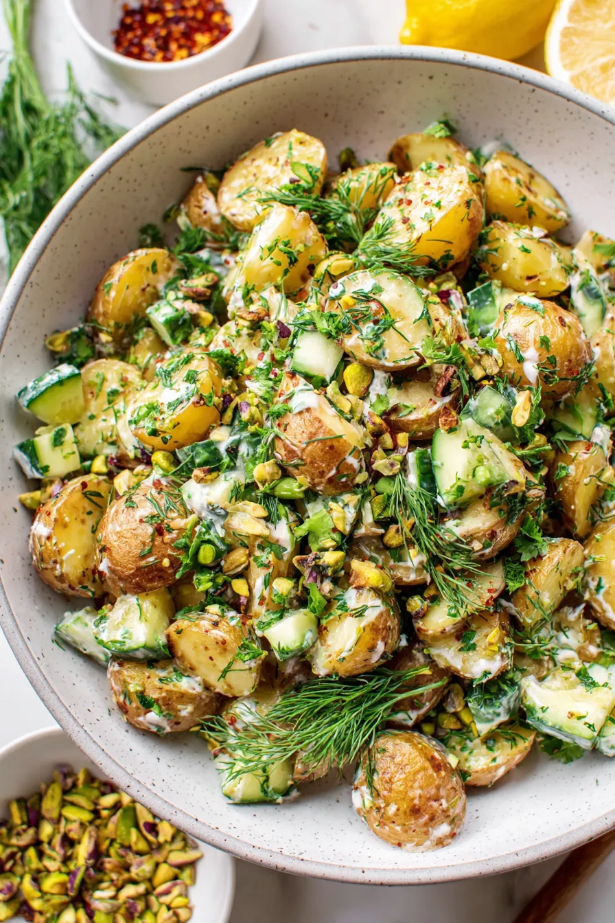 Chopped ingredients on a wooden board including cucumbers and herbs