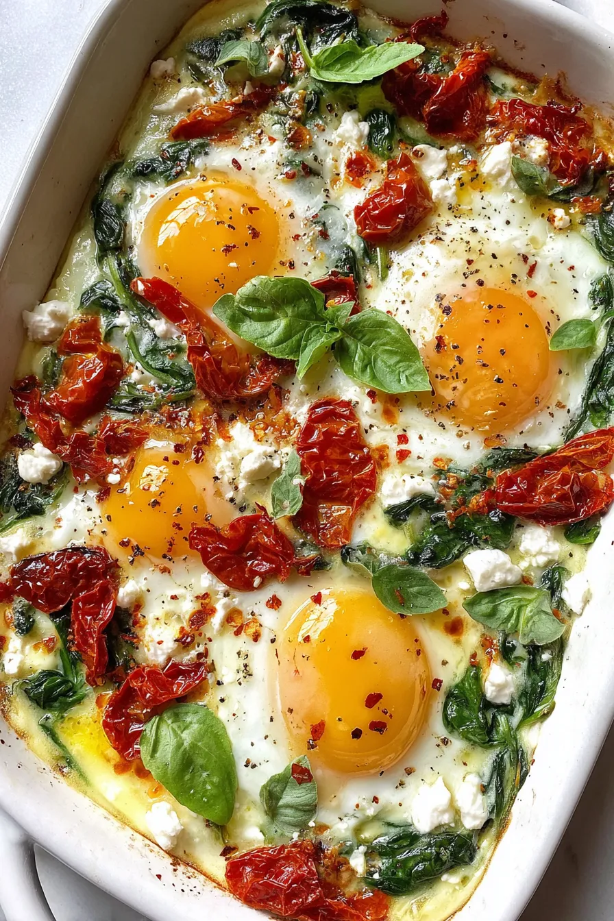 Egg bake with spinach and feta in baking dish