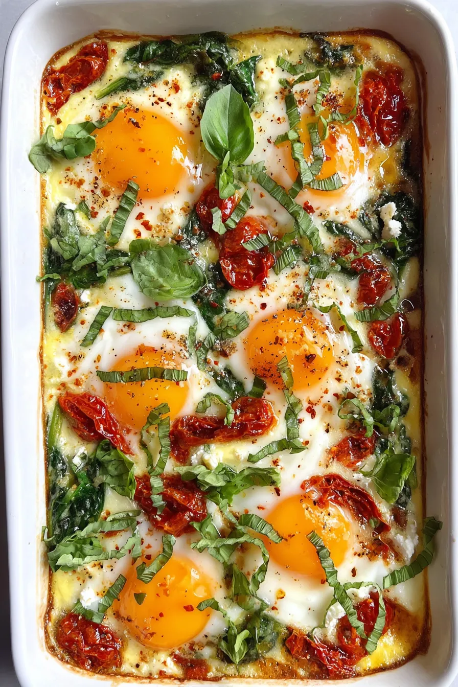 Slice of egg bake plated with herbs