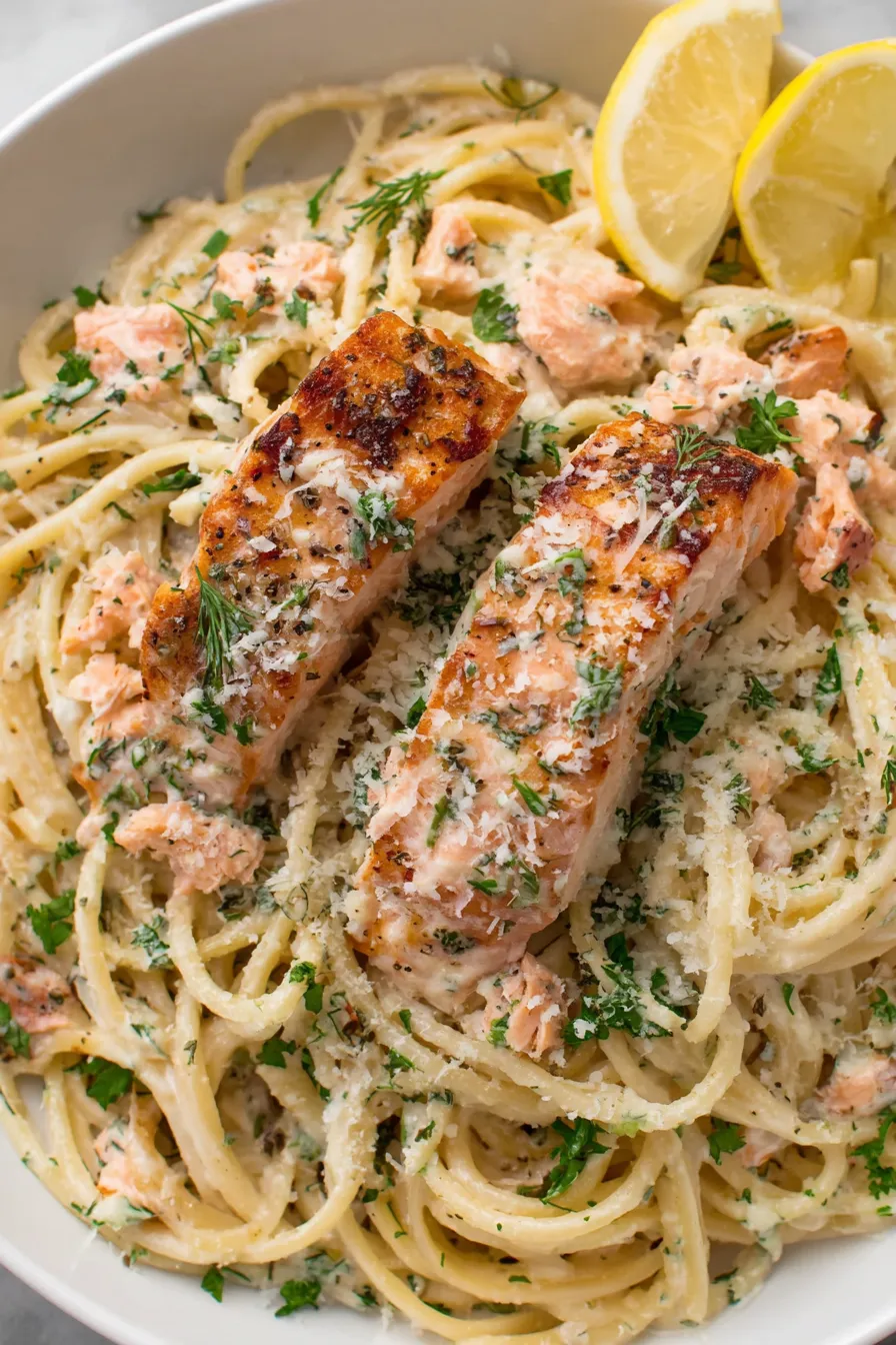 Pan-seared salmon with cream sauce in a skillet