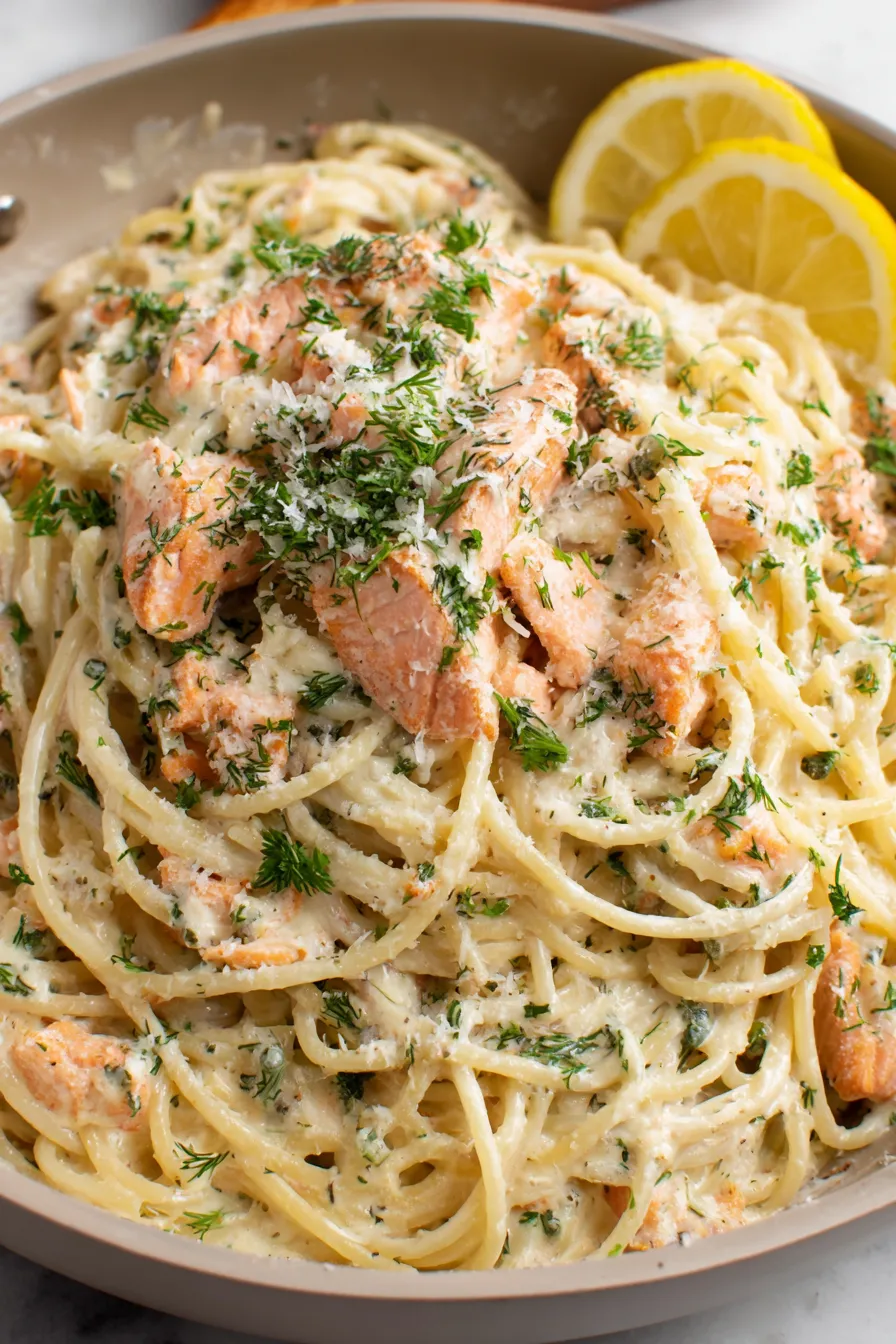 Creamy pasta plated with salmon and fresh herbs