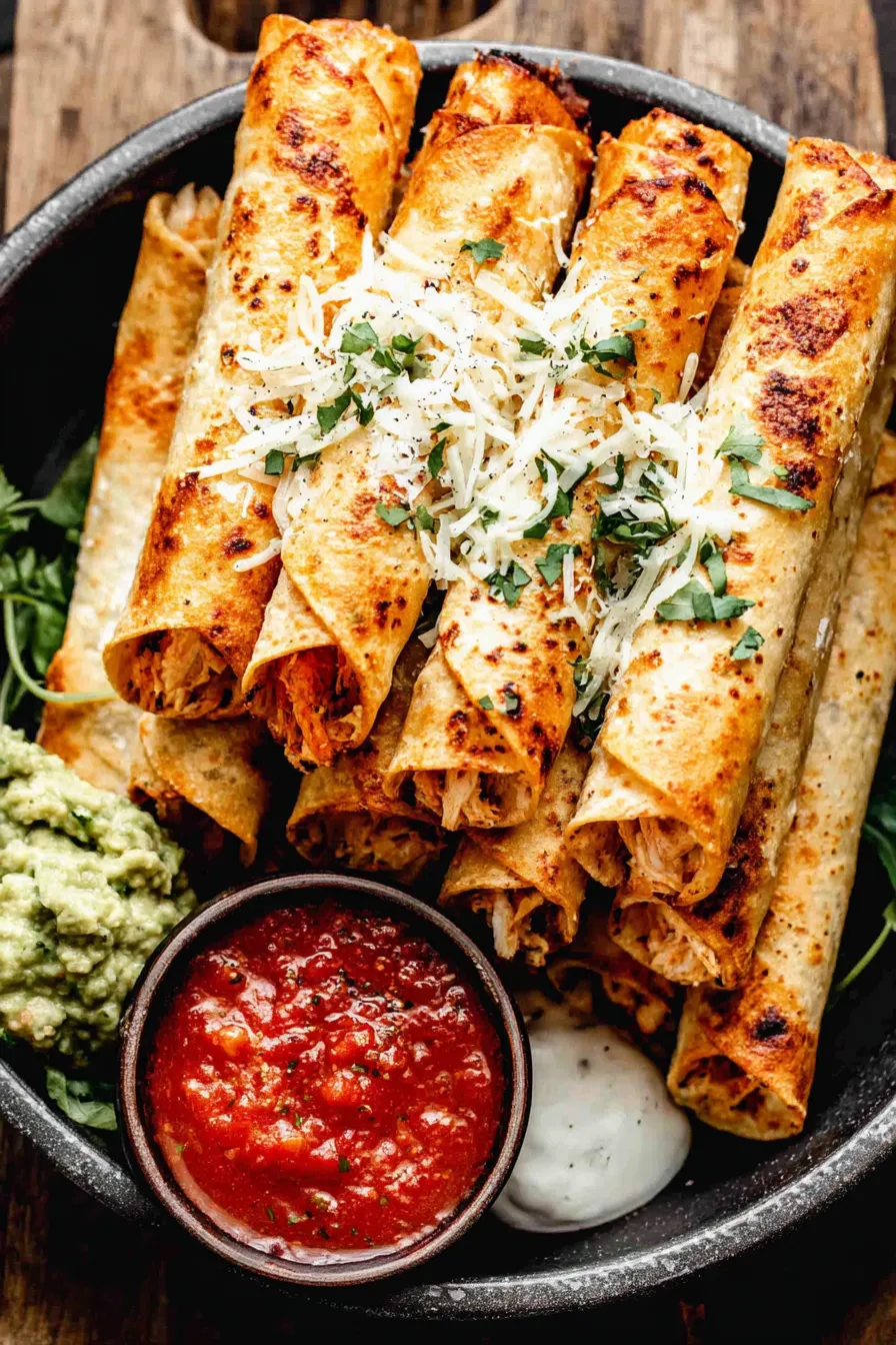 Rolled chicken taquitos on a baking sheet