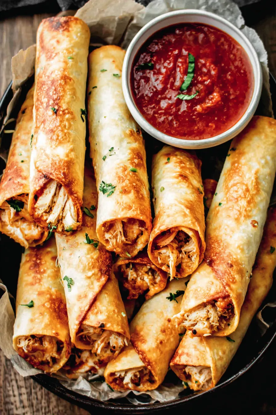 Close up of a crispy taquito with dipping sauces