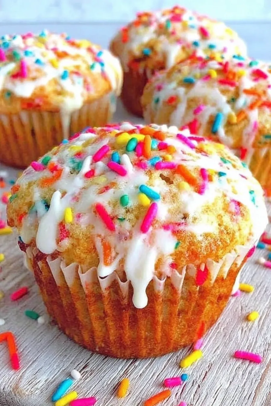Freshly baked Funfetti muffins cooling on a rack