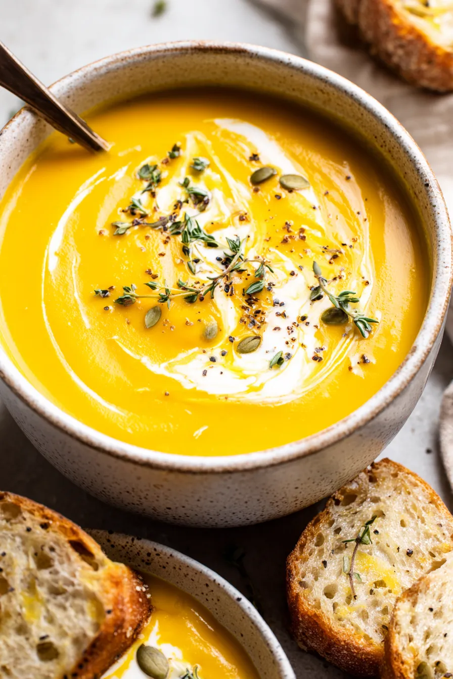 Bowl of creamy roasted butternut squash soup garnished with thyme and pepitas