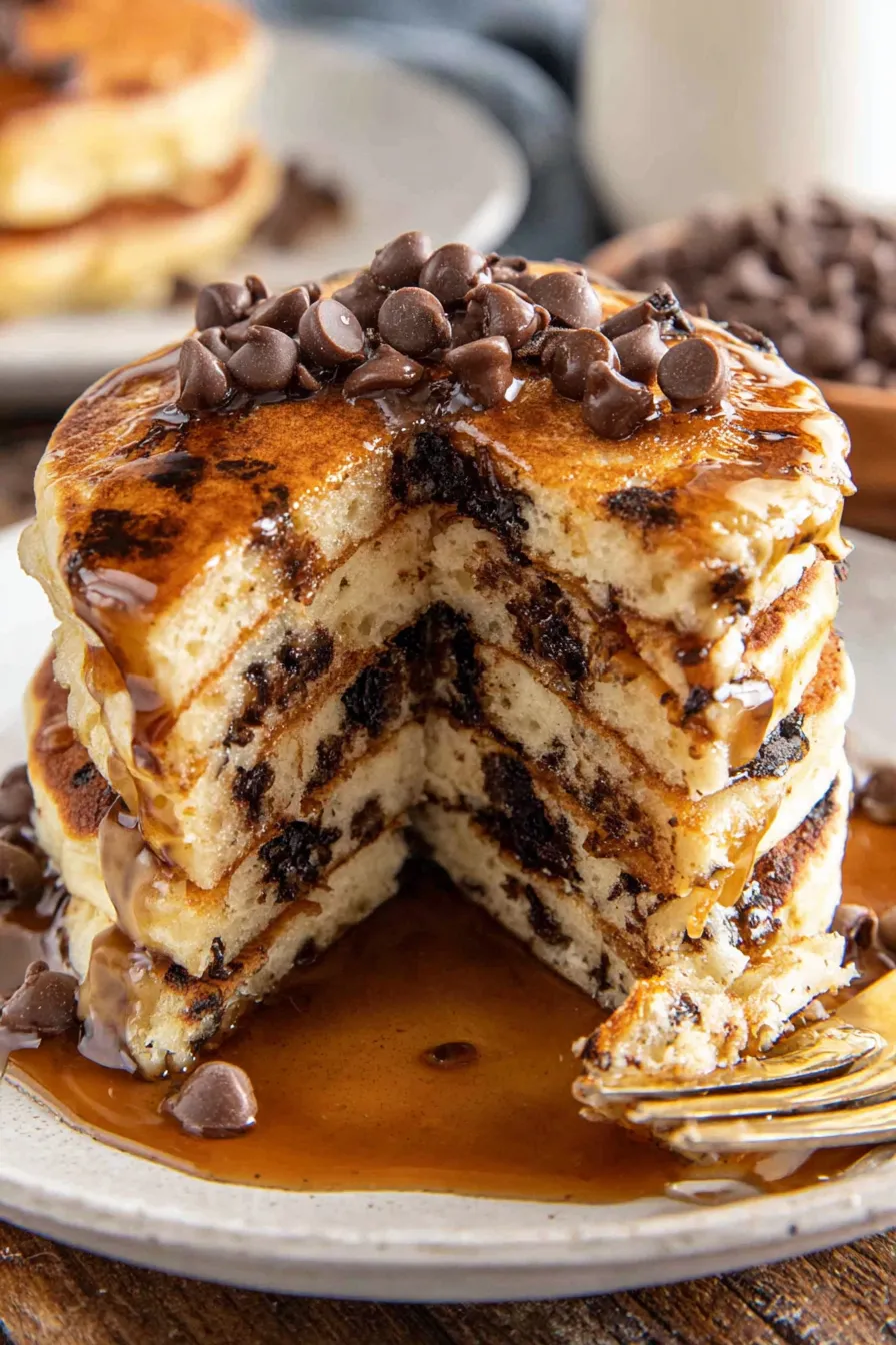 Stack of chocolate chip pancakes on a plate