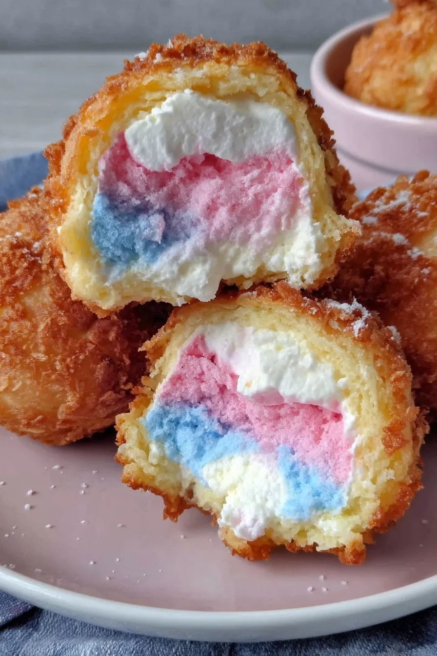 Cotton Candy Cheesecake Bombs frying in oil