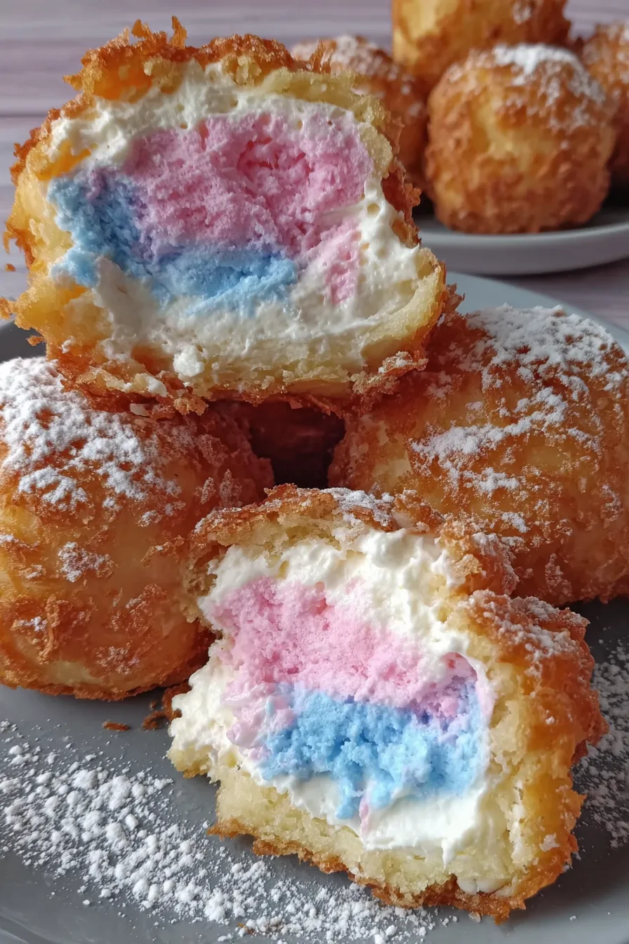 Finished Cheesecake Bombs rolled in sugar and garnished with cotton candy