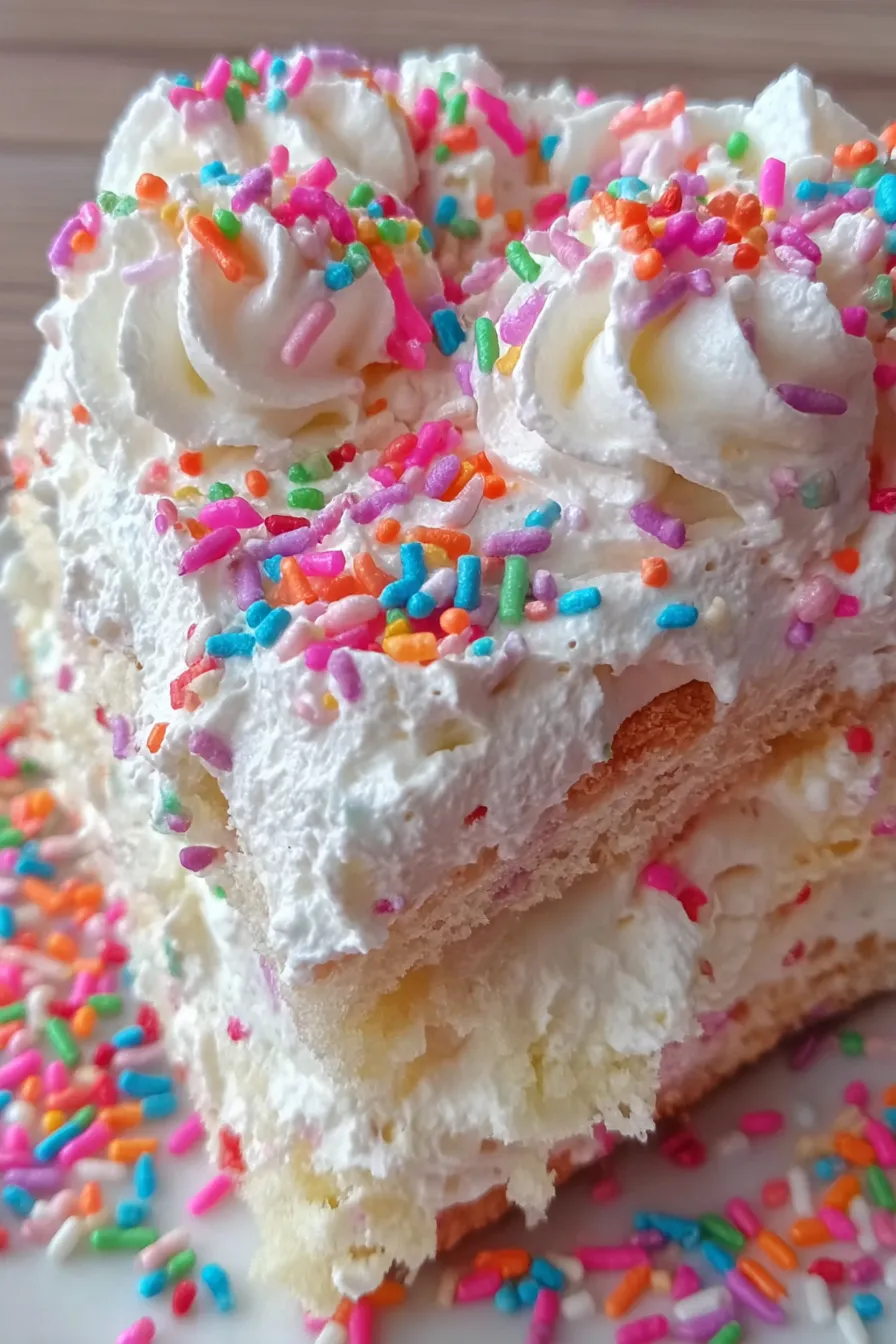 Slice of funfetti icebox cake with colorful sprinkles