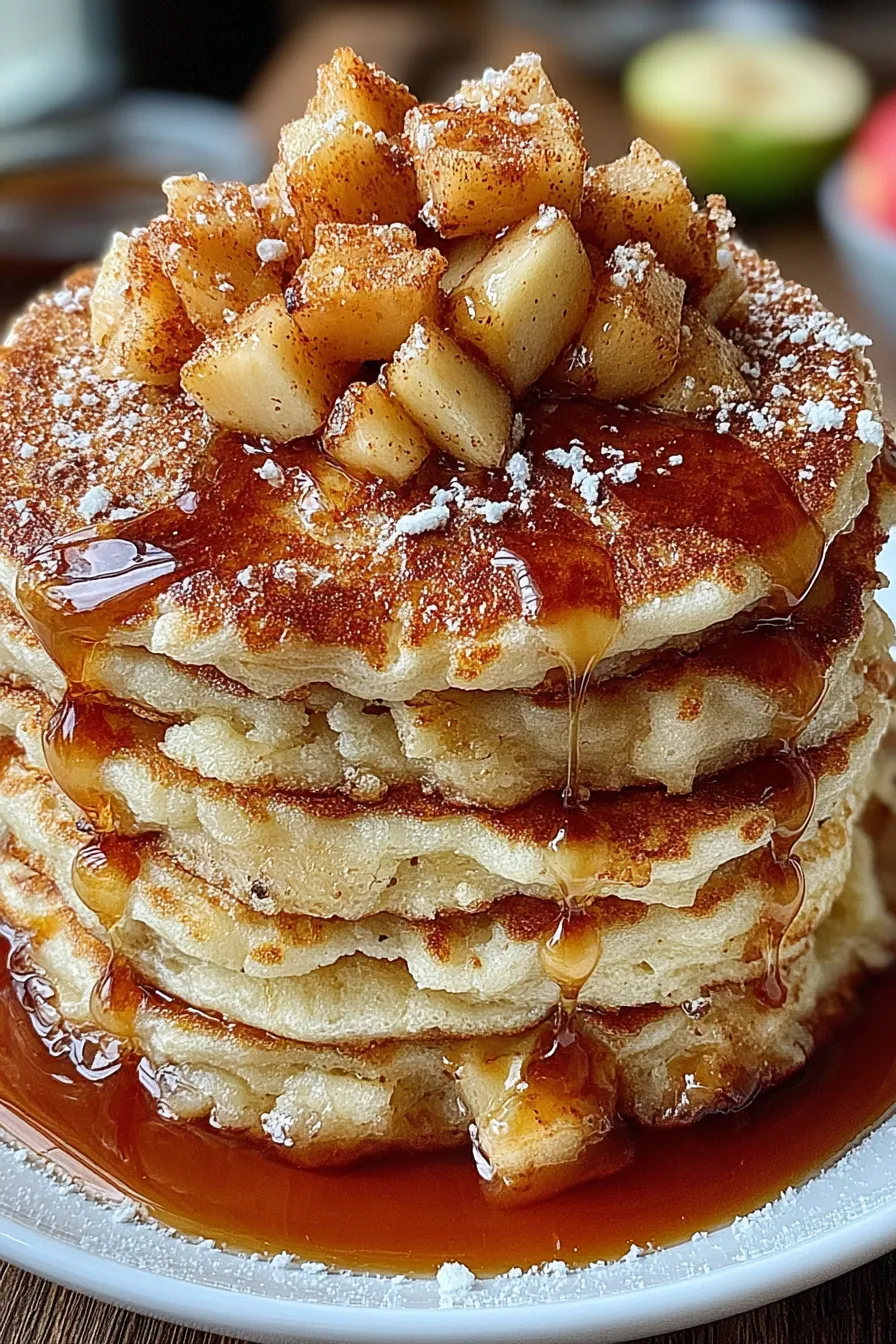 Top view of apple pie pancakes with maple syrup