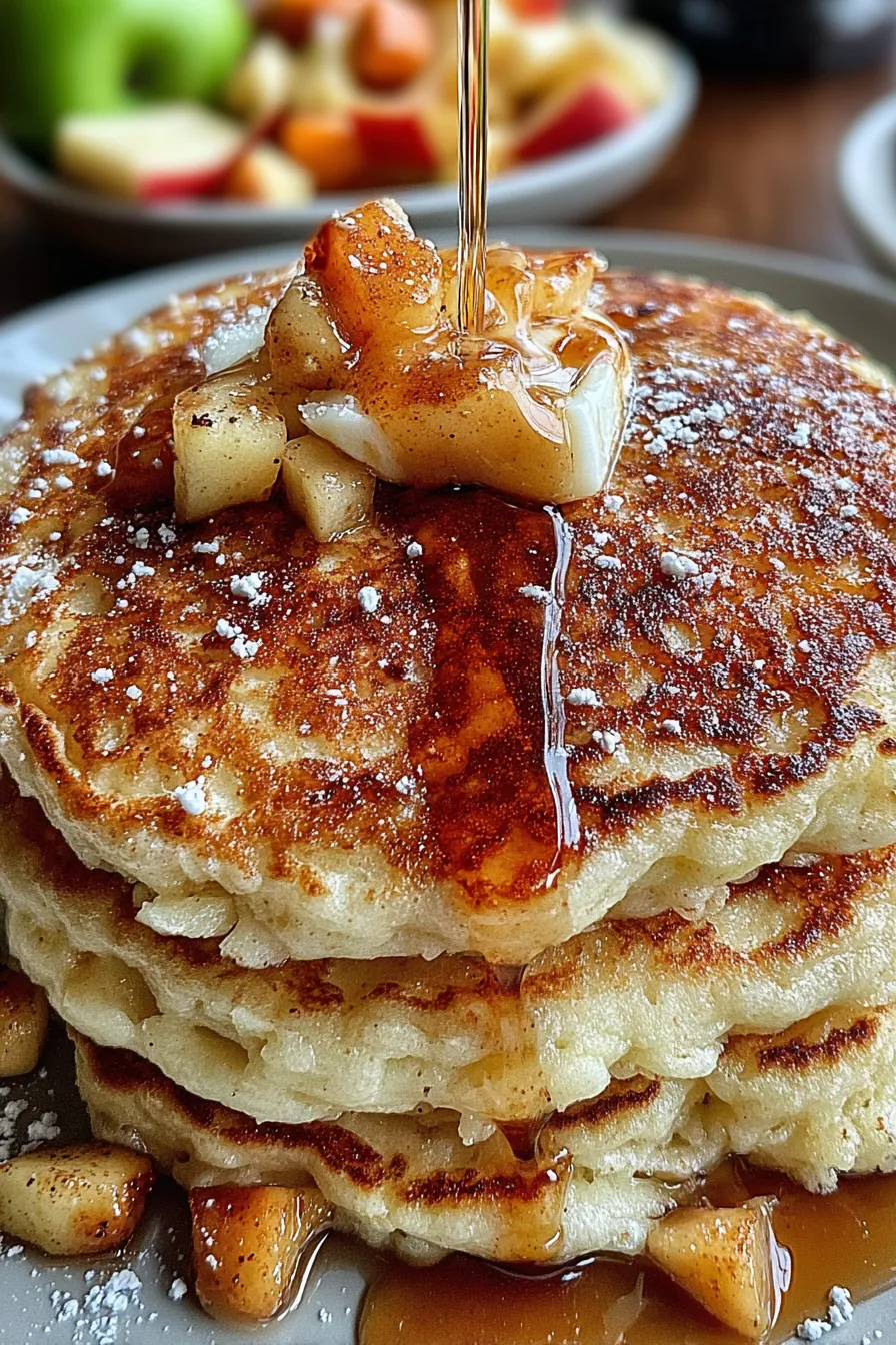 Two pancakes with apple pieces on a plate