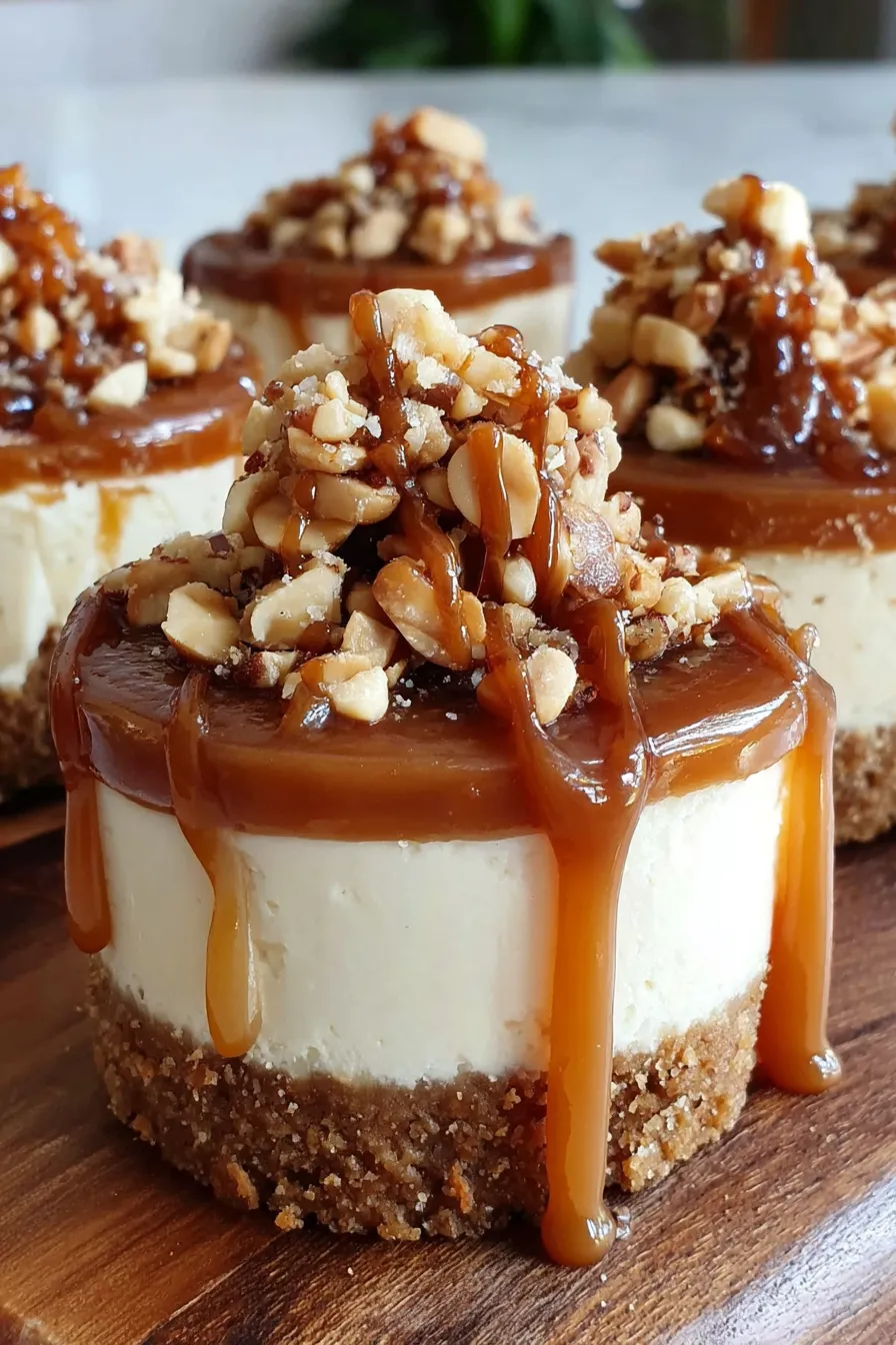 Close-up of a mini with caramel drizzle and chopped peanuts