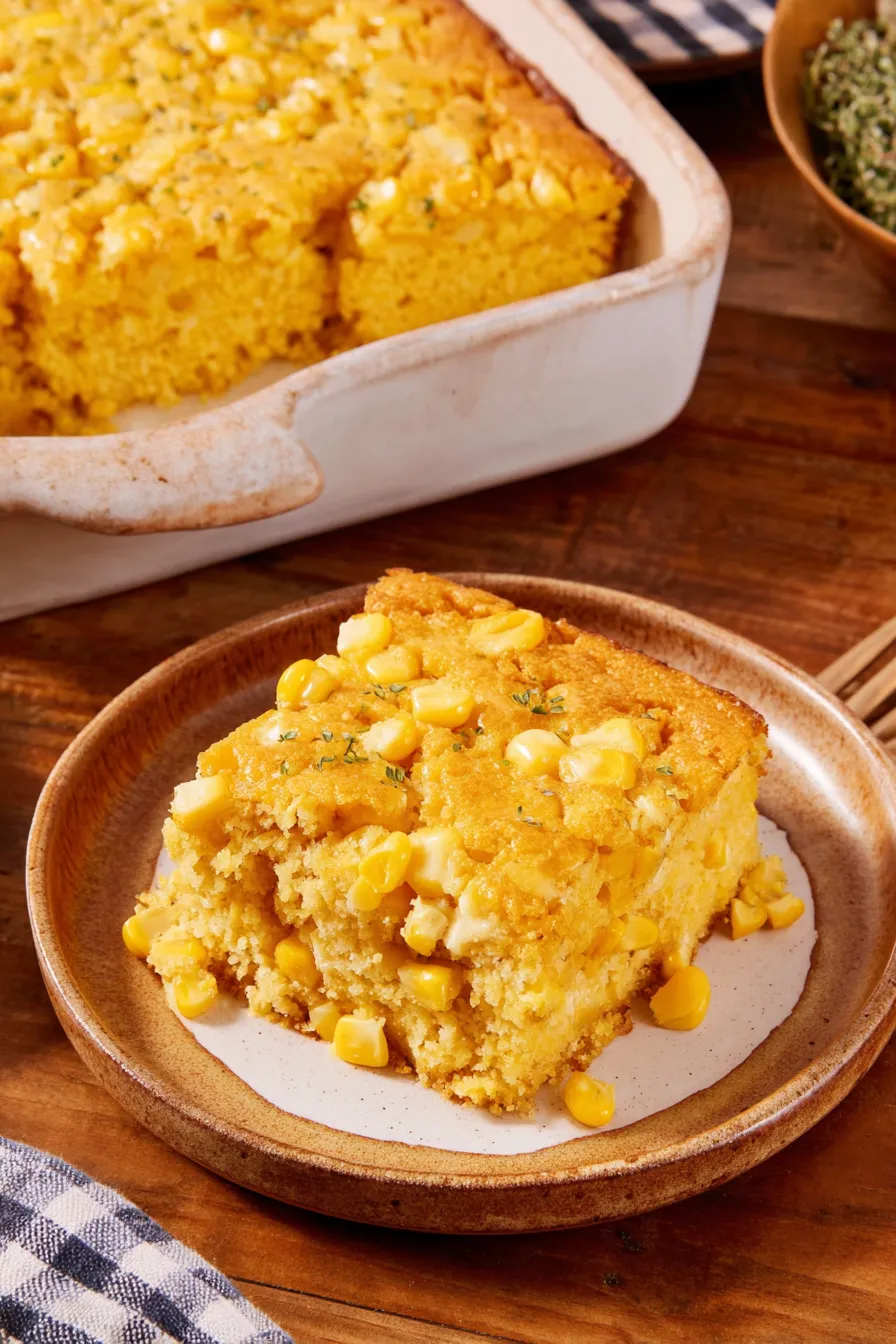 Baked creamy corn casserole in a square dish