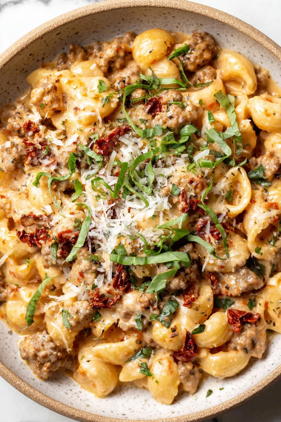 Italian sausage pasta being stirred in a skillet