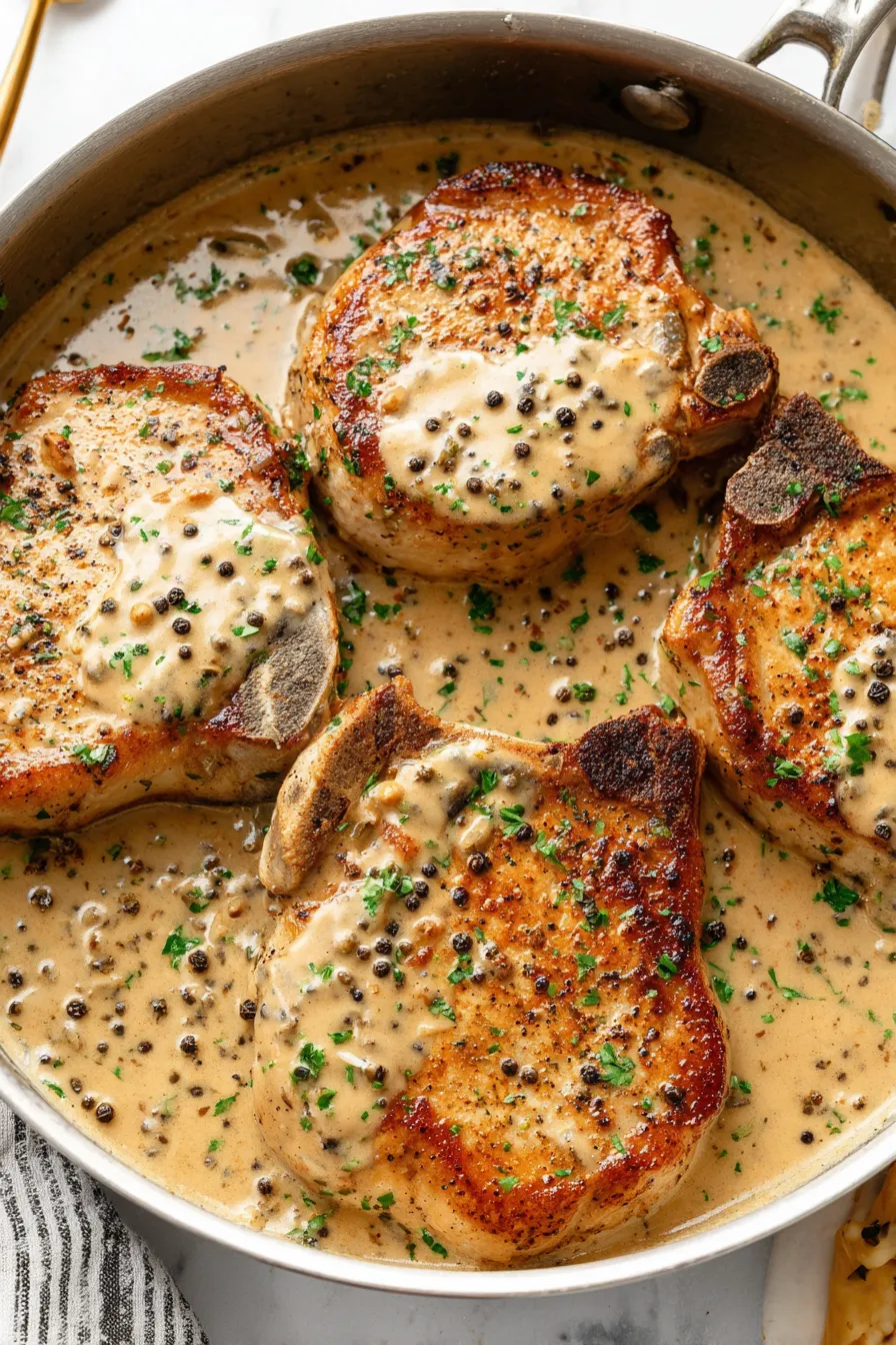 Plated pork chop with cream peppercorn sauce and parsley