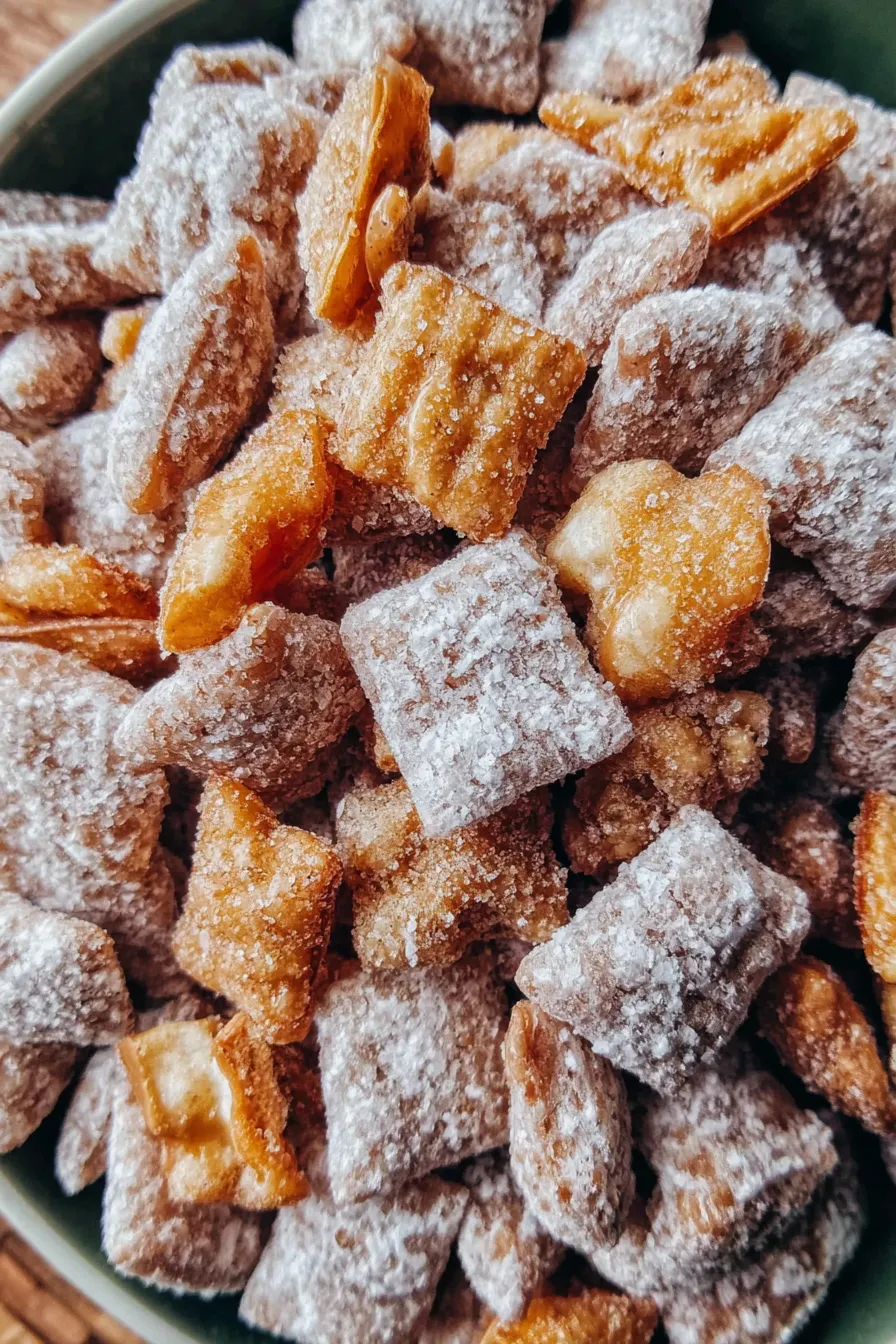 Caramel Apple Puppy Chow cooling on parchment