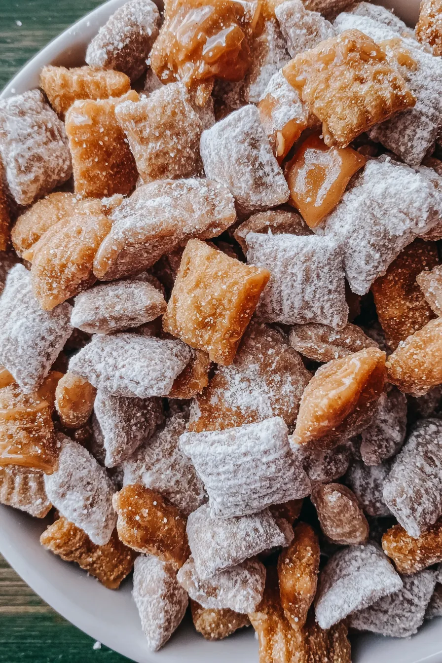 Bowl of caramel apple snack mix ready to serve