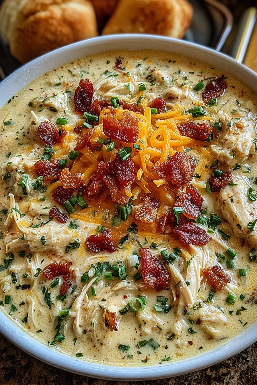 Creamy chicken bacon soup in a bowl with chives