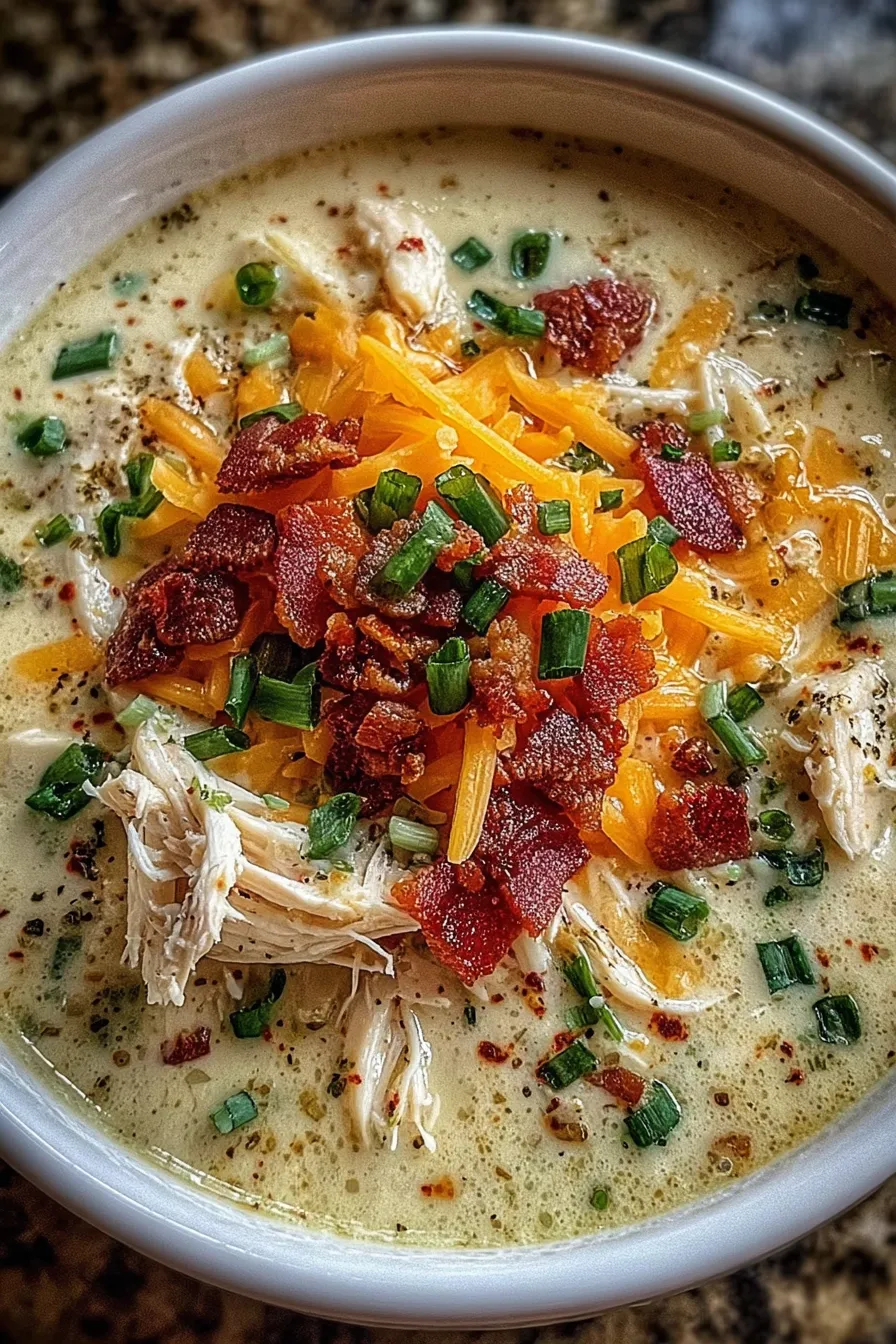 Close-up of shredded chicken and bacon on soup