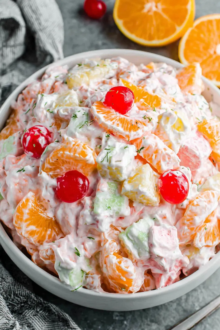 Ambrosia salad in a serving bowl with cherries and coconut on top