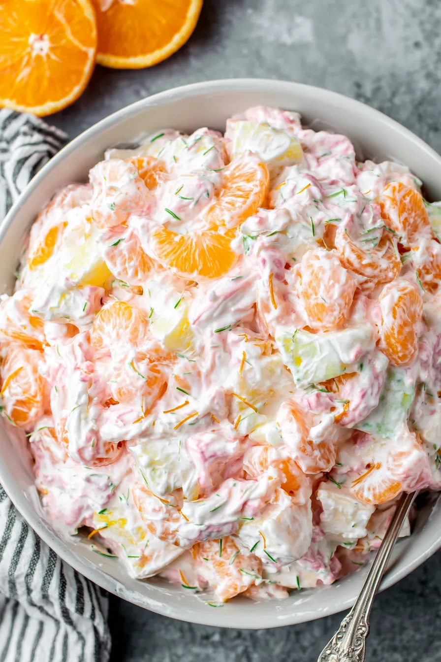 Close-up of Ambrosia salad showing marshmallows and shredded coconut