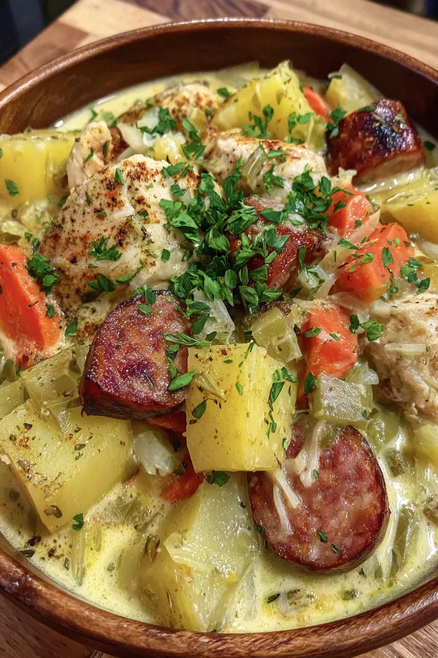 Creamy chicken and smoked sausage stew in slow cooker