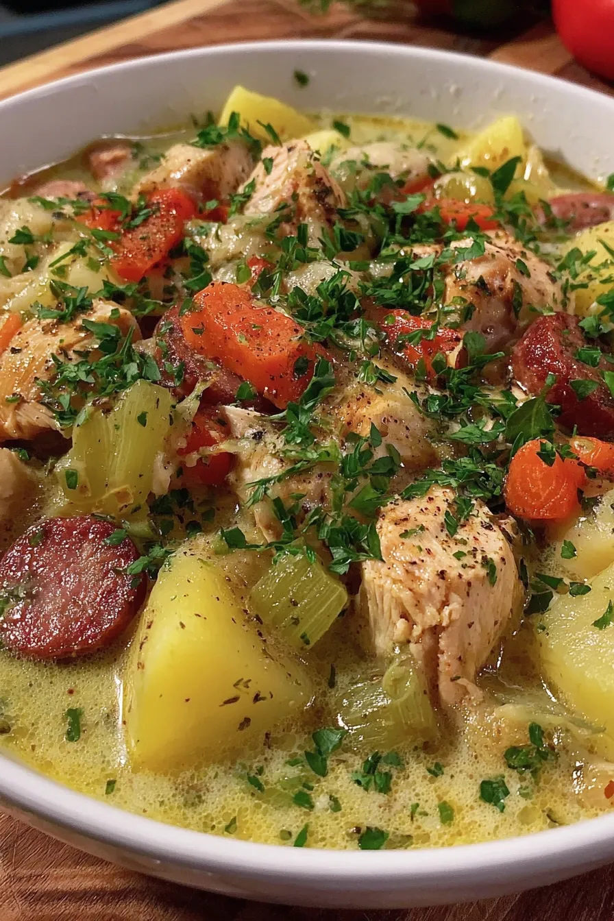 Sliced smoked sausage browning in skillet