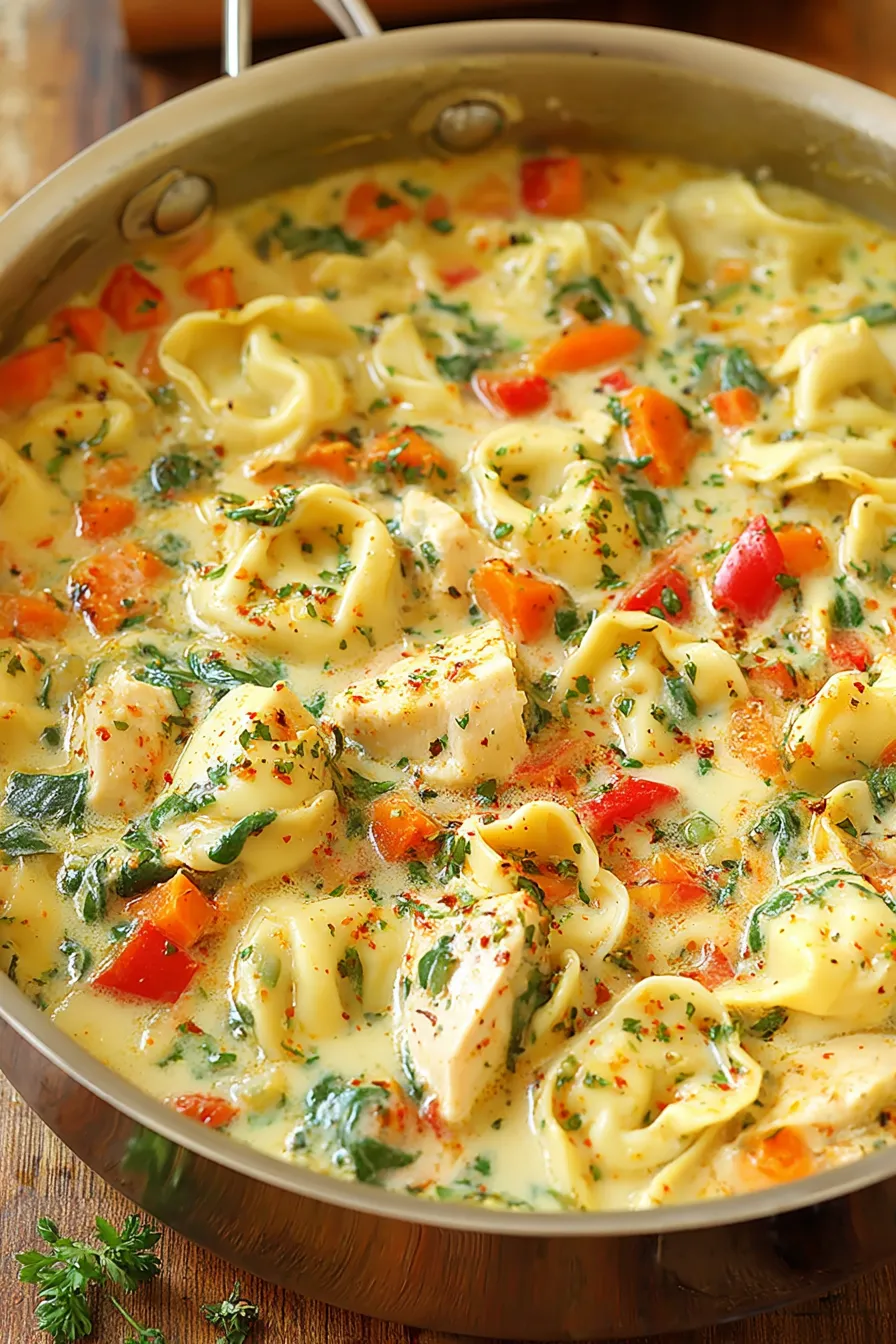 Chicken Tortellini Soup in a white bowl