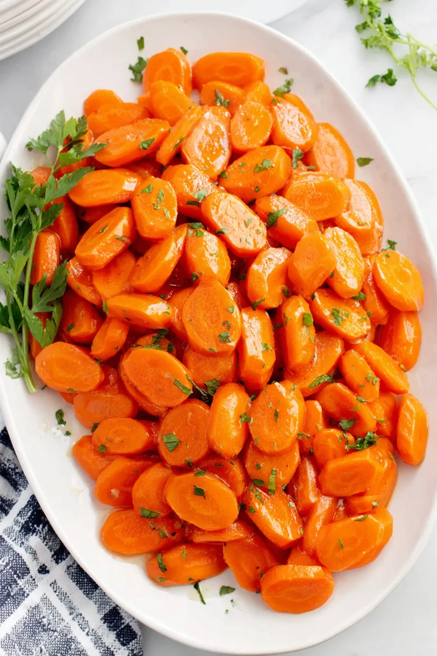 Close-up of glazed carrots served with parsley
