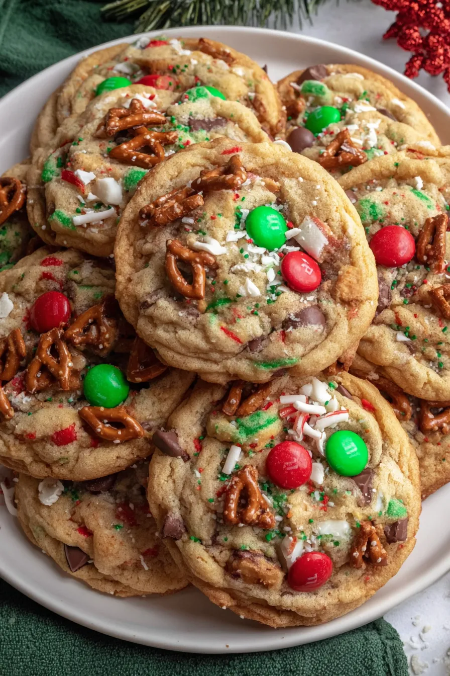 Assorted Christmas Kitchen Sink Cookies on a baking sheet