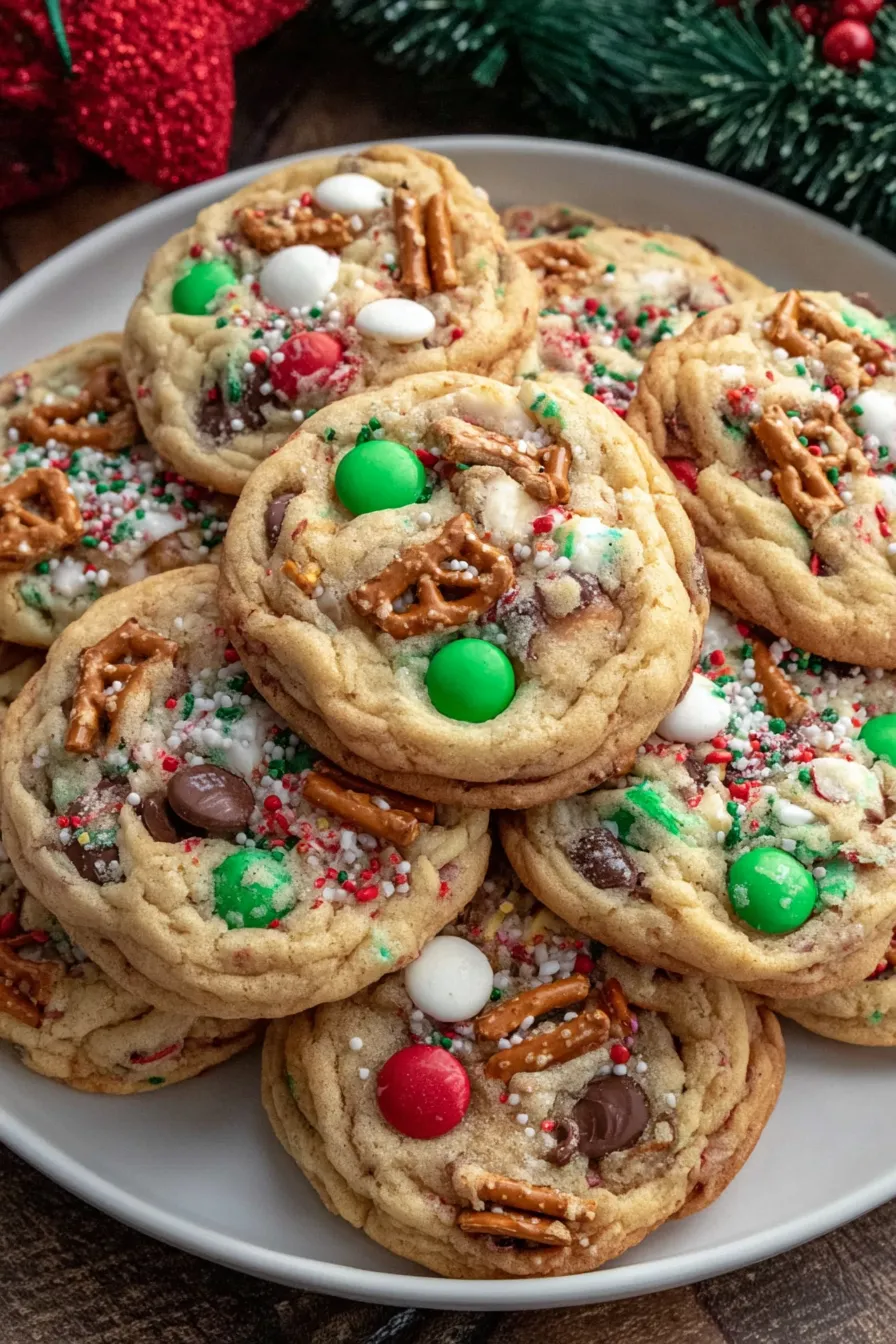 Close-up of a broken Christmas Kitchen Sink Cookie showing chips and pretzel pieces
