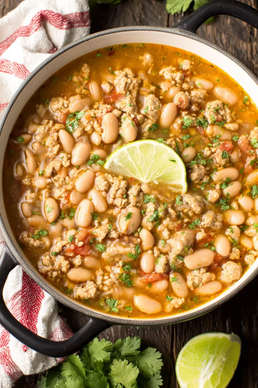 White Bean Turkey Chili in a bowl with lime wedge