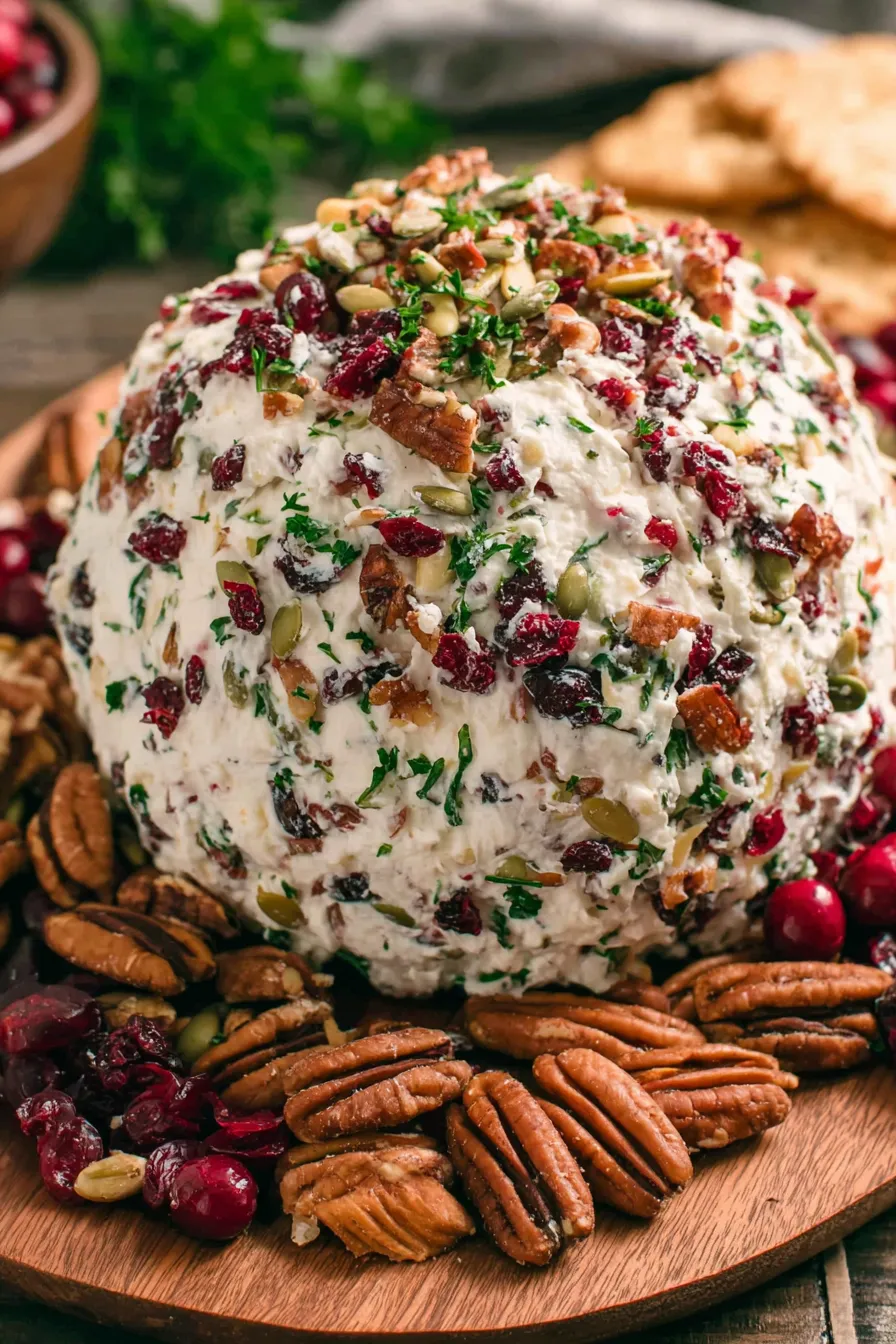 Cheese ball rolled in pecans and cranberries on a wooden board