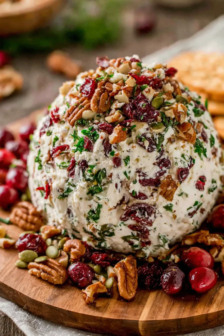 Close-up of cranberry studded cheese ball with herbs