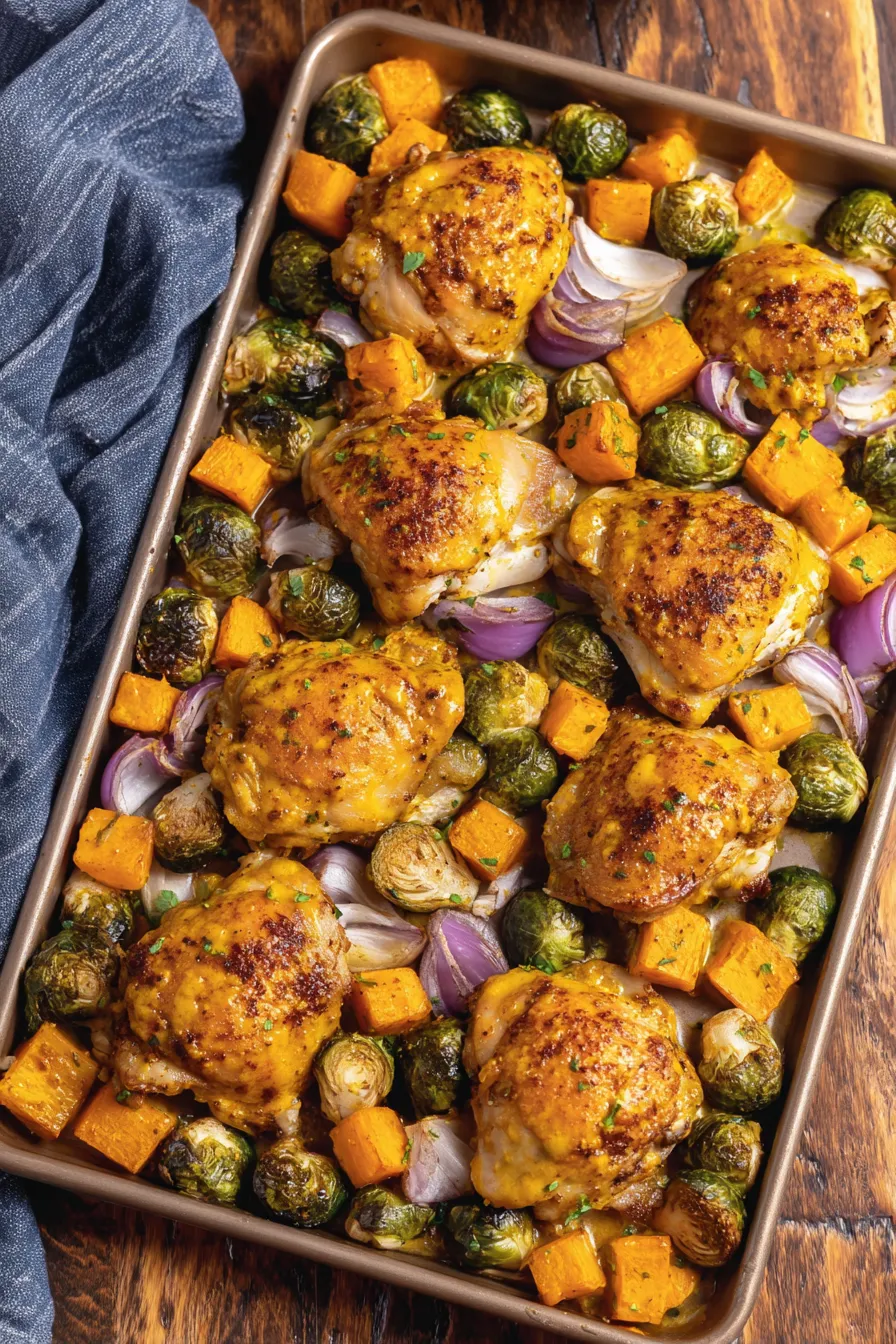 Honey mustard chicken thighs roasting on a sheet pan with vegetables