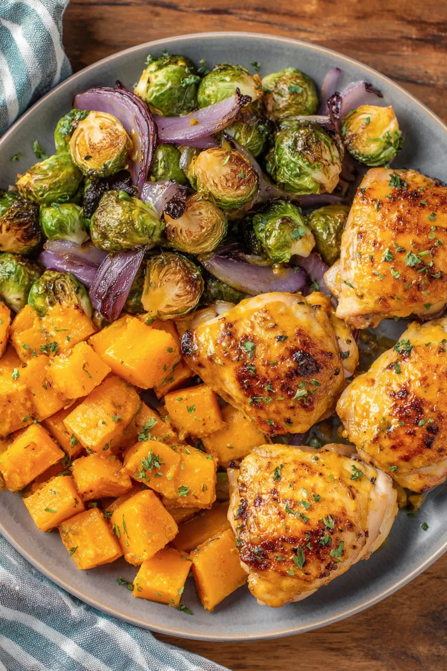 Close-up of roasted butternut squash and Brussels sprouts with honey mustard glaze