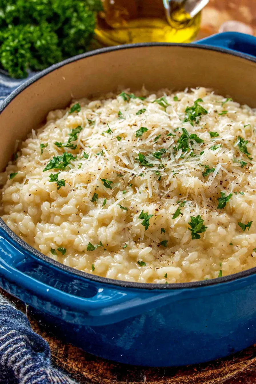 Creamy finished Parmesan risotto served in a bowl